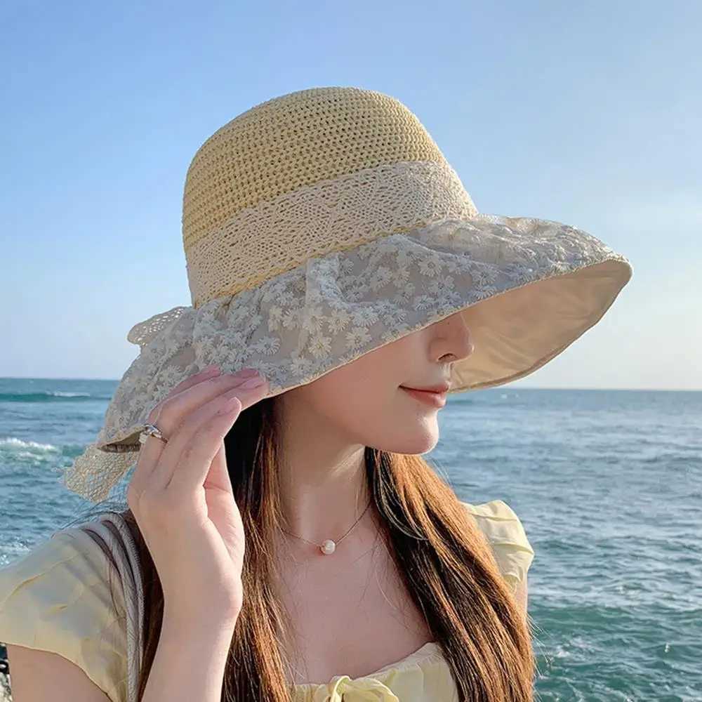 HOT Womens Summer Bucket Hat Small Flower Woven Straw Hat Foldable Fisherman Hat Handmade Wide Large Brim Beach Hats Anti UV M250616