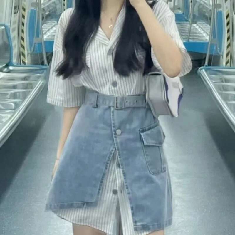 Short Sleeve Mature Skirt Womens Two Piece Set Slit Denim Y2k Clothes Formal Event New in The Same Stylish Full Female Outfits