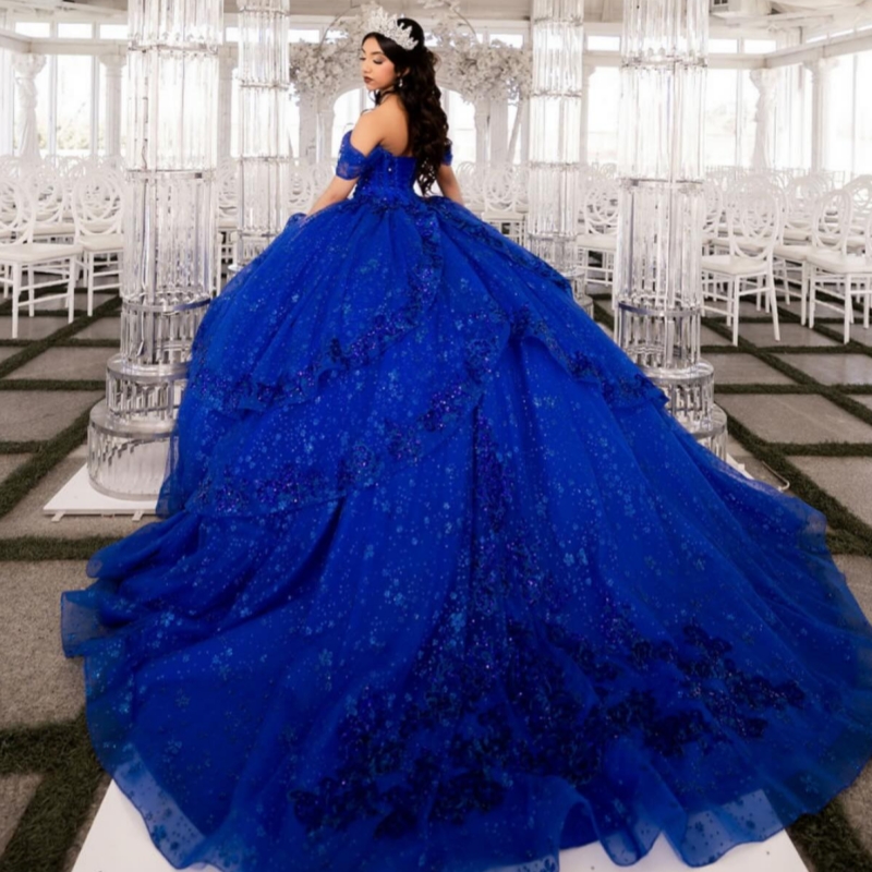 Royal Blue Quinceanera Dresses Ball Gown Off The Shoulder Sequin Applique Lace Beading Crystal Tull Sweet 16 Dress Vestidos 15 De Anos