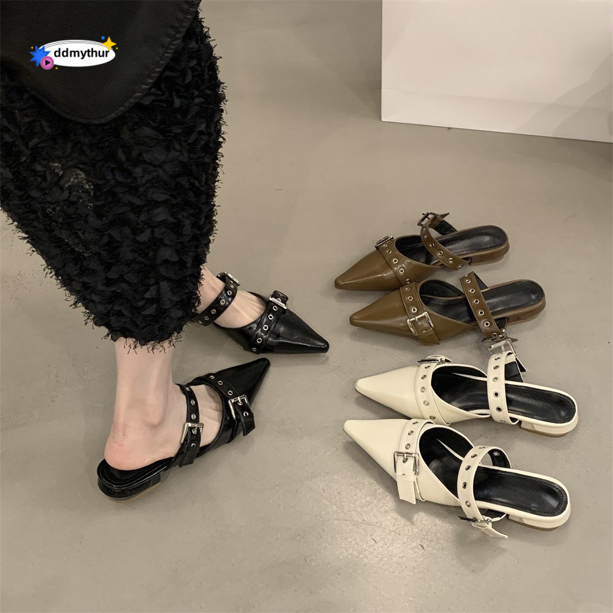 Chunky Heel Closed Mules for Women, New Spring/Summer 2025 Style, Pointed Toe with Belt Buckle, Black Single Shoes ddmythur