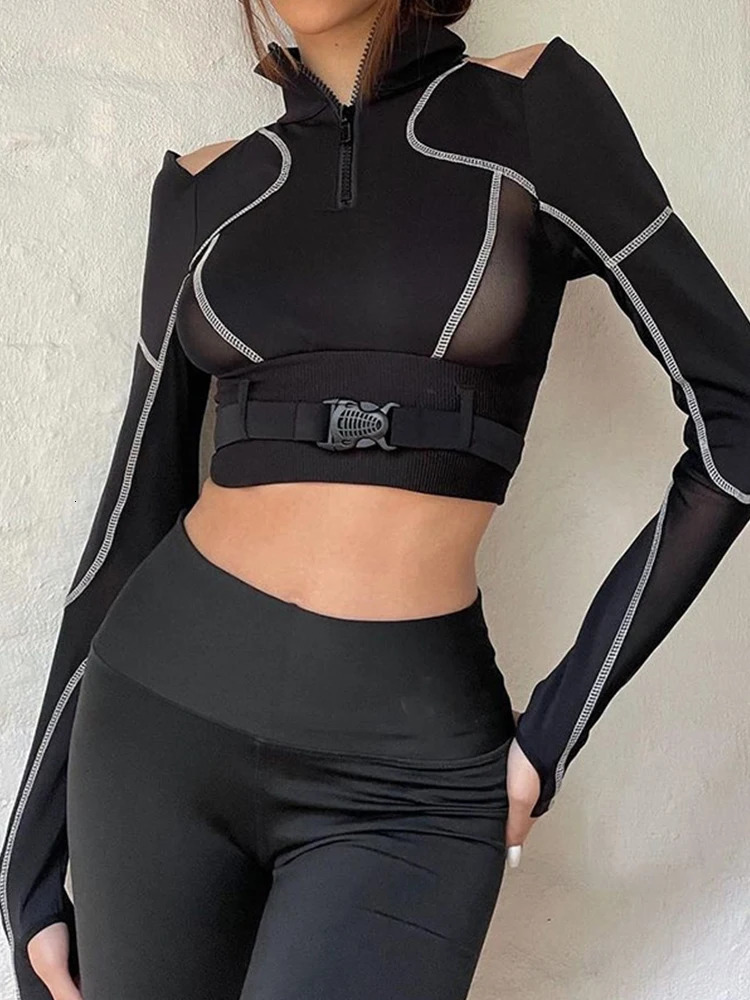 AltGoth Emo Alt Mall Goth T-shirt Women Streetwear Harajuku Cyberpunk Sexy Hollow Out Patchwork Long Sleeve Tee Tops Techwear 250614