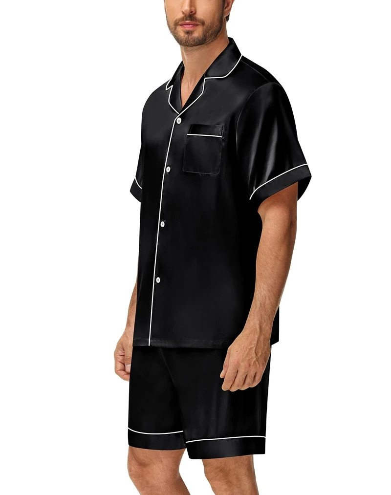Mens Satin Pajama Set Solid Color Short Sleeve Lapel Top And Elastic Shorts Comfortable Fit Summer Loungewear Sleepwear 250614