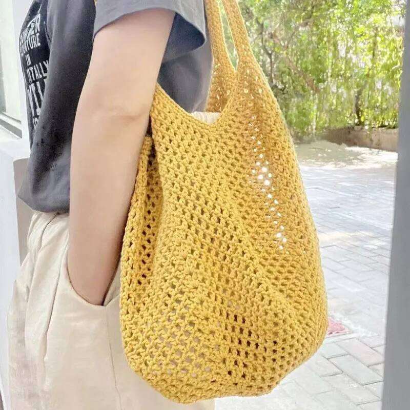 Hollow out Women's Shoulder Handmade Hook Weave Leisure Shopping Large Capacity Beach Summer Cool Checker Bag