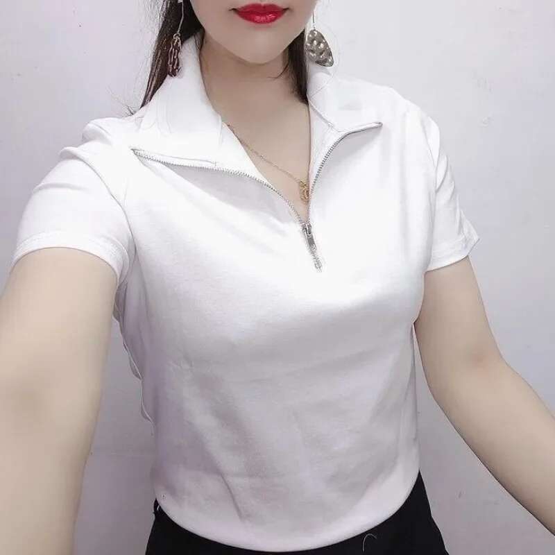 Polo Neck Shirt for Women Plain Slim Cotton Red Womens Woman T Clothing Trend 2025 Pulovers Korean Style Luxury in Fashion