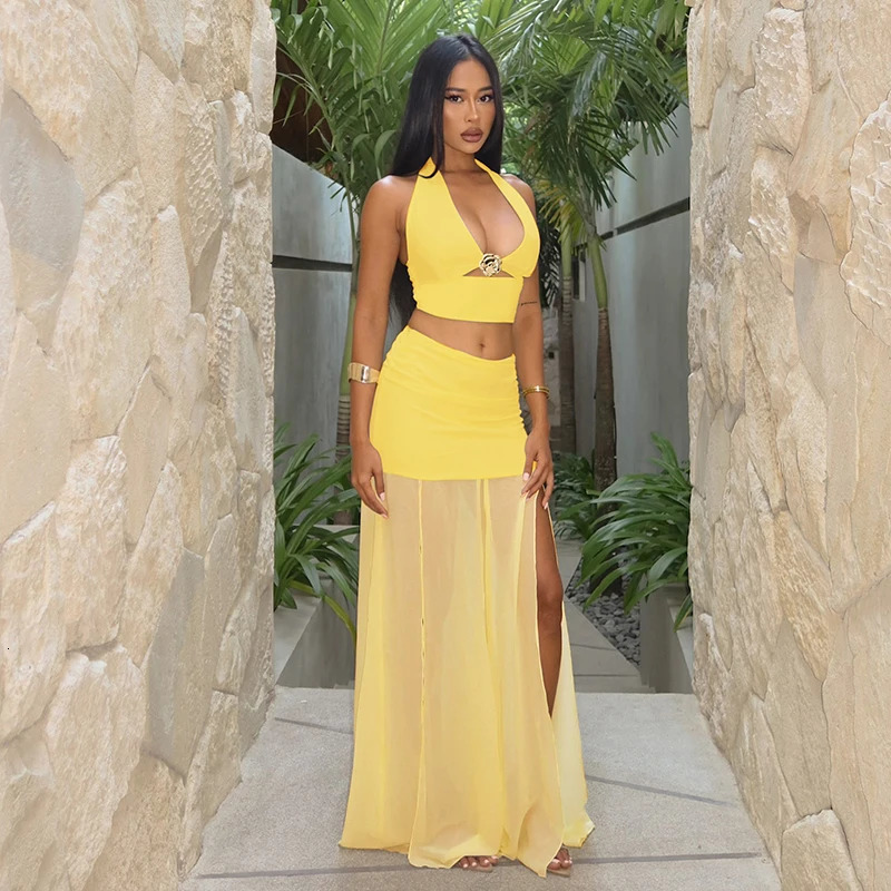 CUTENOVA WomenS Solid Color Hanging Neck LaceUp Metal Decoration Hollow Out Tank Top Patchwork Chiffon Skirt Set Summer 250609