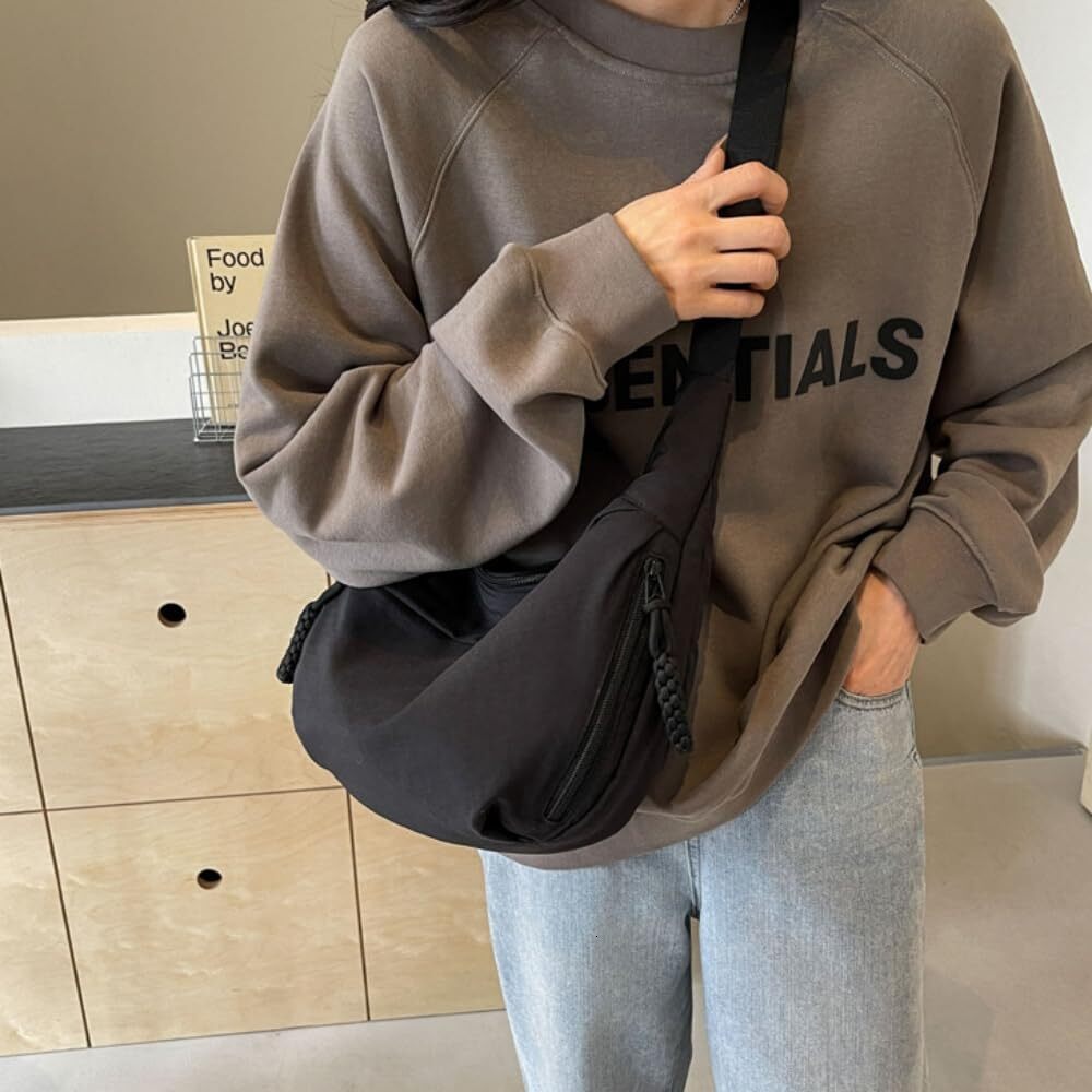 Nylon Crossbody Bags for Women, Trendy Medium Crescent Bag, Lightweight Woman Over Shoulder Purse with Zipper