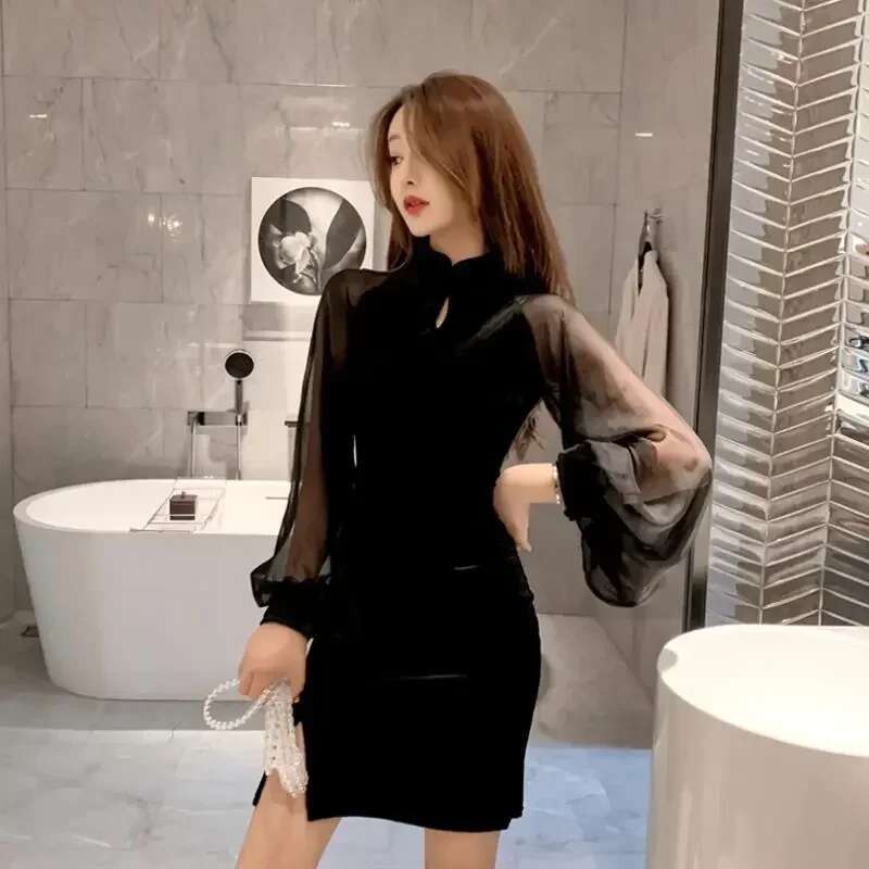 Sensual Sexy Dresses for Women Splicing Woman Long Sleeve Dress Mesh Elegant Chic Cheap Casual One-piece Elastic Pretty Kpop Y2k