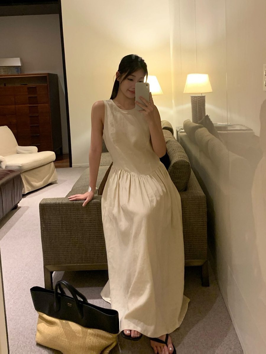 SL100 New Summer A-line Pleated Sleeveless Long Dress