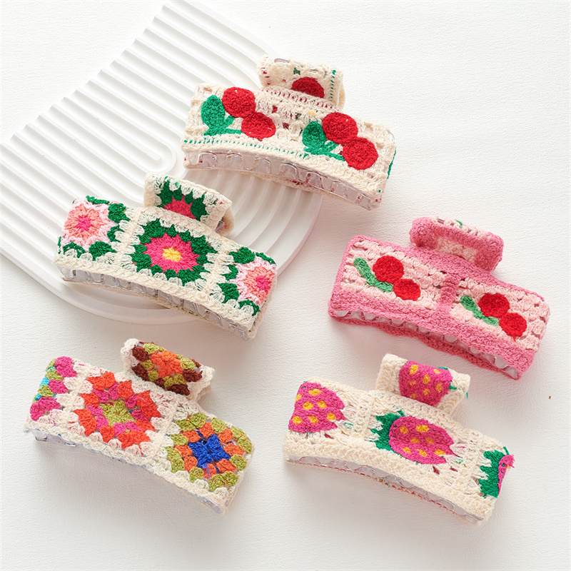 New holiday style knitted hair grip flowers and fruits hollowed out women's small fresh grip clip hair accessories