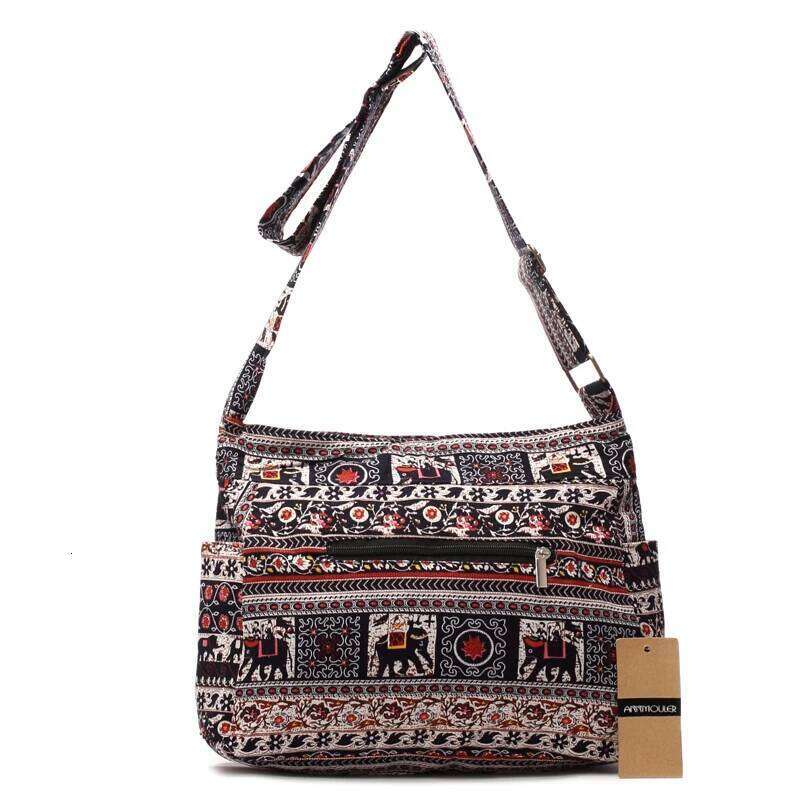 Annmouler Vintage Women Shoulder Cotton Fabric Flap Bohemian Style Messenger Elephant Print Crossbody Zipper Bag