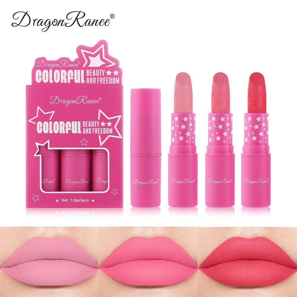 3Pcs/Box Matte Waterproof Korean Makeup for Women Lipstick Set Cosmetic Beauty Long Lasting High Pigmented Lipgloss happy