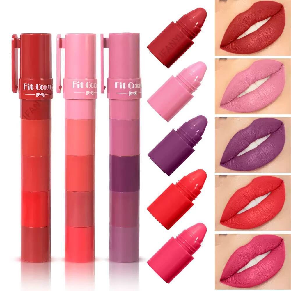 5 in 1 Matte Pencil Kit Combo Velvet Sexy Red Lip Tint Non-stick Cup Multicolour Lipstick Pen Makeup Lips Cosmetic Set happy
