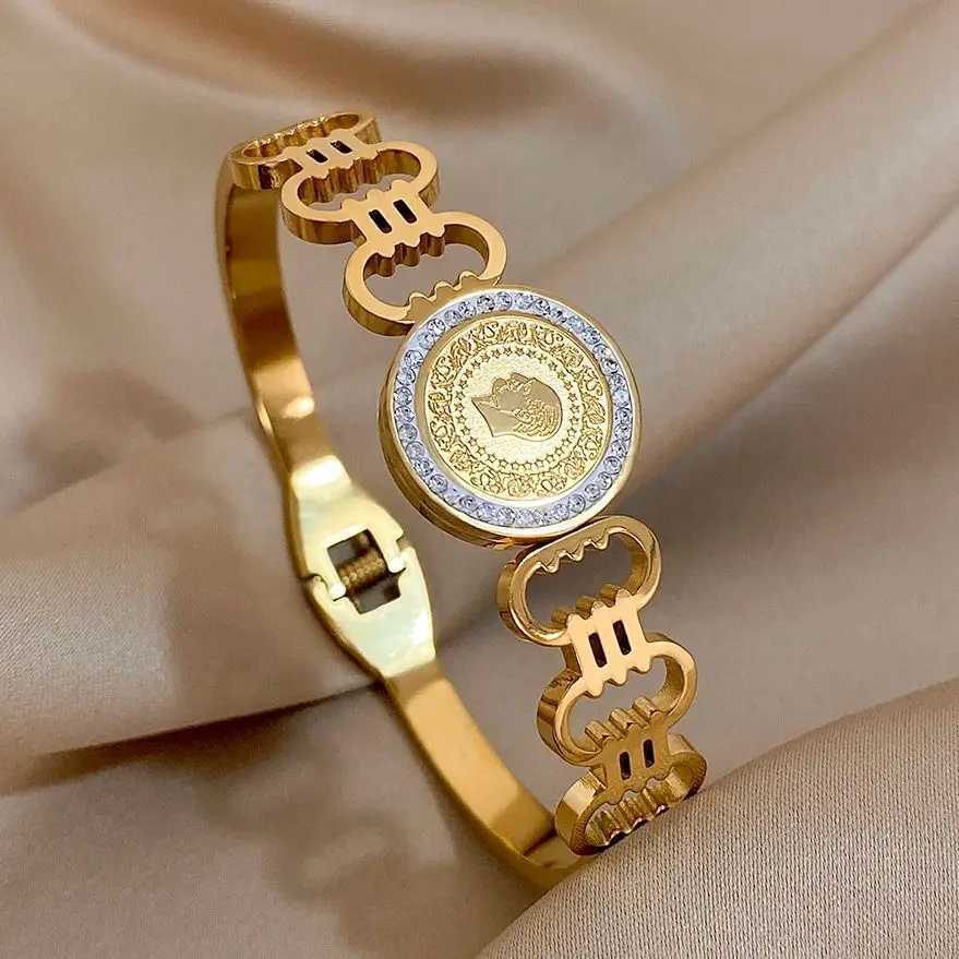 Fashion Rhinestone Coin Gold Plated Stainless Steel Irregular Geometric Wide Cuff Bangle Waterproof Jewelry Z250616