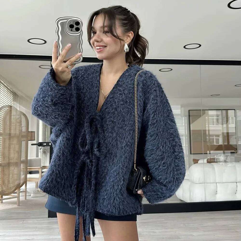 Grey Beige Khaki Deep Blue Four Color V Neck Long Sleeves Bow Lace Up Design Women Loose Solid Open Coat ZATAF 2024 New