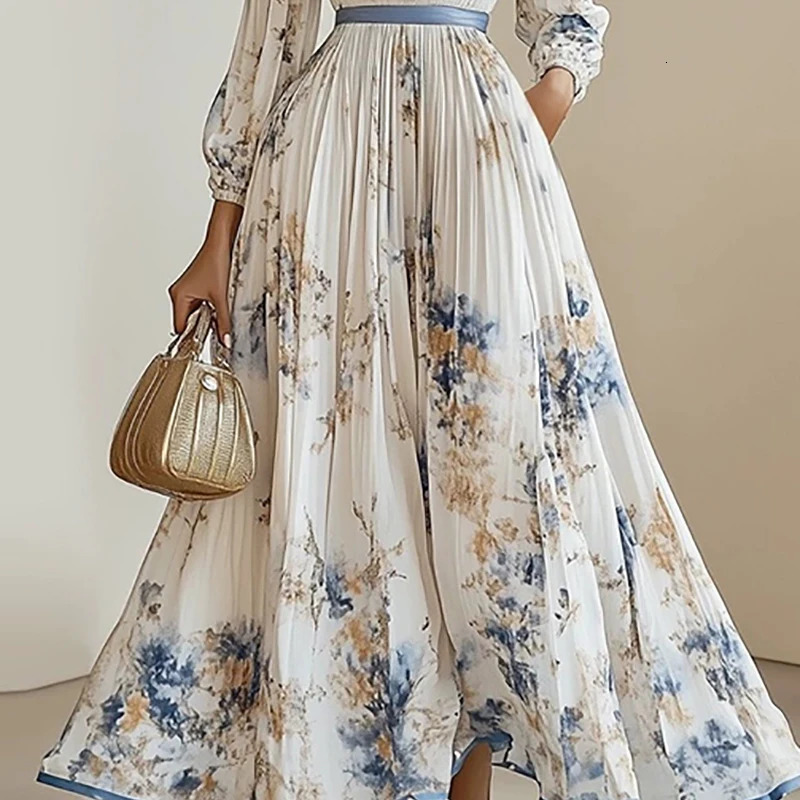 Spring Long Sleeve Boho Maxi Dress Woman Elegant Floral Print A-Line Pleated Dresses Sexy Deep V Neck High Waist Long Dress 250609