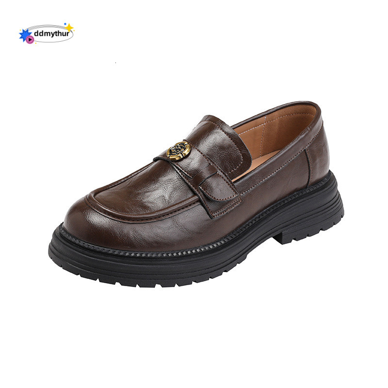 French Style Soft Cowhide Black Camellia Loafers Spring and Autumn Slip-On Thick Sole Women's Shoes ddmythur