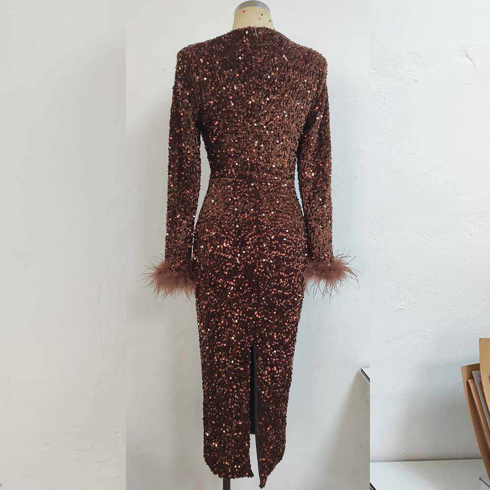 Women's Elegant Celebrity Sequin Cuff Feather Retro Slim Long-Sleeve Long Fashion Evening Party Dress