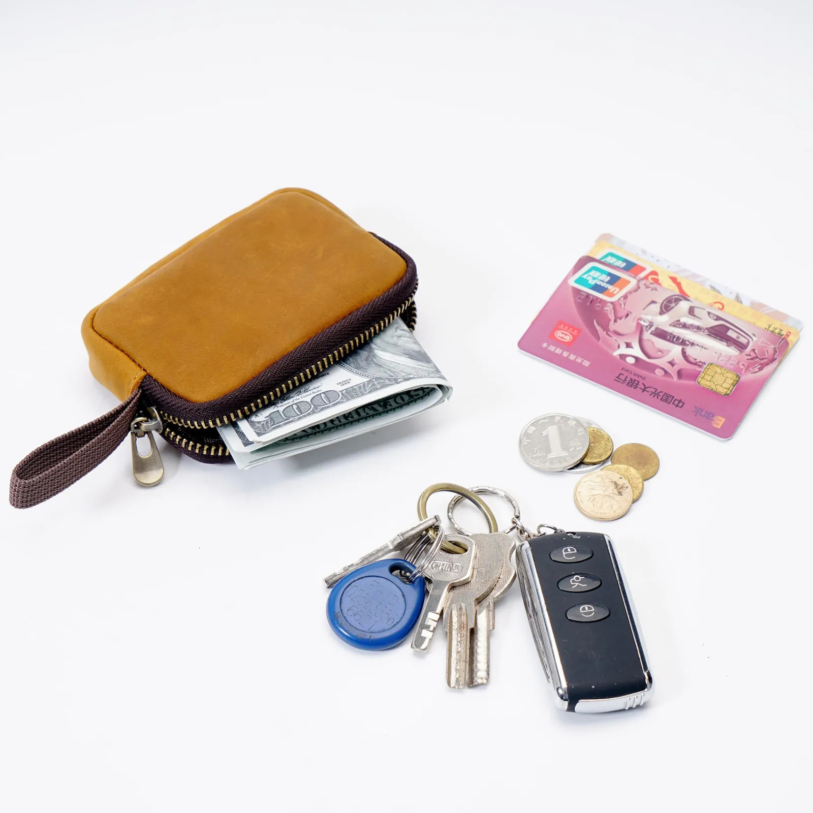 Genuine Leather Coins Purse with Keychain Mini Change Holder Cards Bag Zipper Closure Multifunctional Storage Bag for Men Women 250614