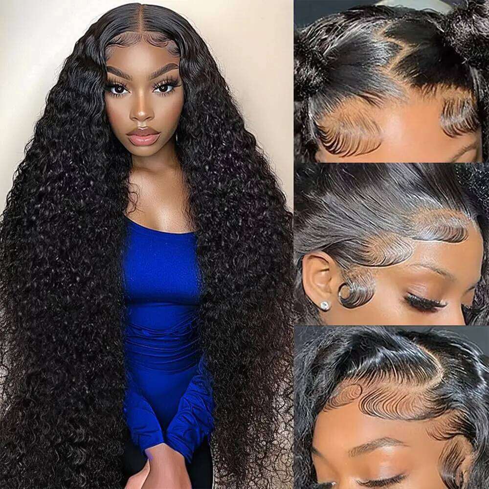 Deep Wave Human Hair for Women 13x4 13x6 HD Lace Front Wigs Pre Plucked 40 Inch 200 Density Natural Black Wig