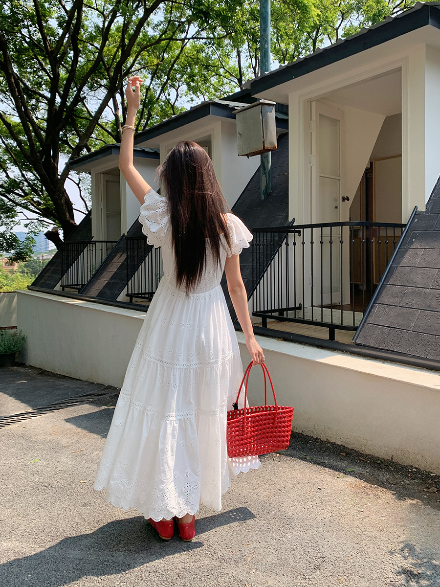 MM50 Summer Tea Break French Temperament Hollow Long Dress Super Fairy Ruffle One Shoulder Dress