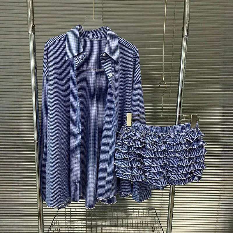 DEAT Fashion Casual Two-pieces Set Plaid Single-breasted Shirt High Elastic Waist Pleated Shorts Female Trendy 33A3795