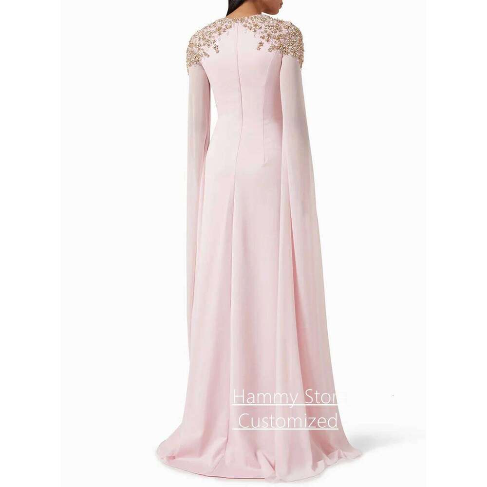 Pale Pink Evening Dress with Beading Crystal Customized Round Neck Long Sleeves Arabian Wedding Party Gown Prom Dresses