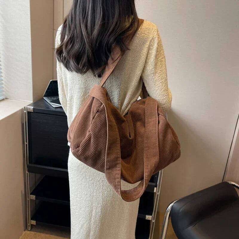Corduroy Fabric Big Capacity Bostom Handbag Vintage Y2k Emo Ita Chic Winter Textile School Laptop Soft Slouchy Side Shoulder Bag