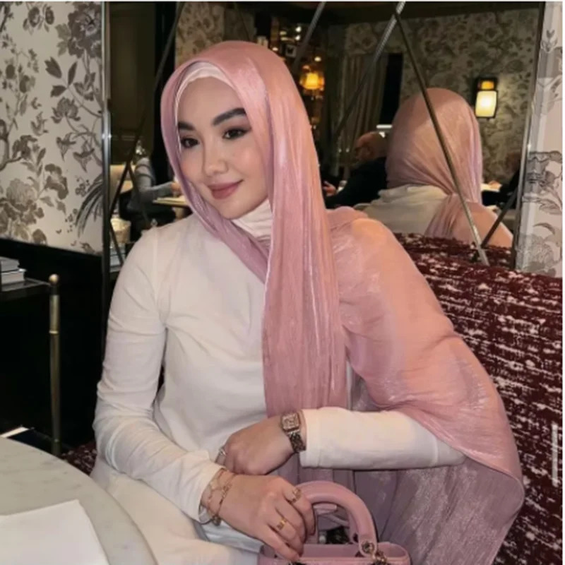 Fashion Plain Shimmer Hijab Wrinkle Scarf Muslim Woman Hijab Shawls Islam Woman Long Wraps Femme Headband Pure Turban 250610