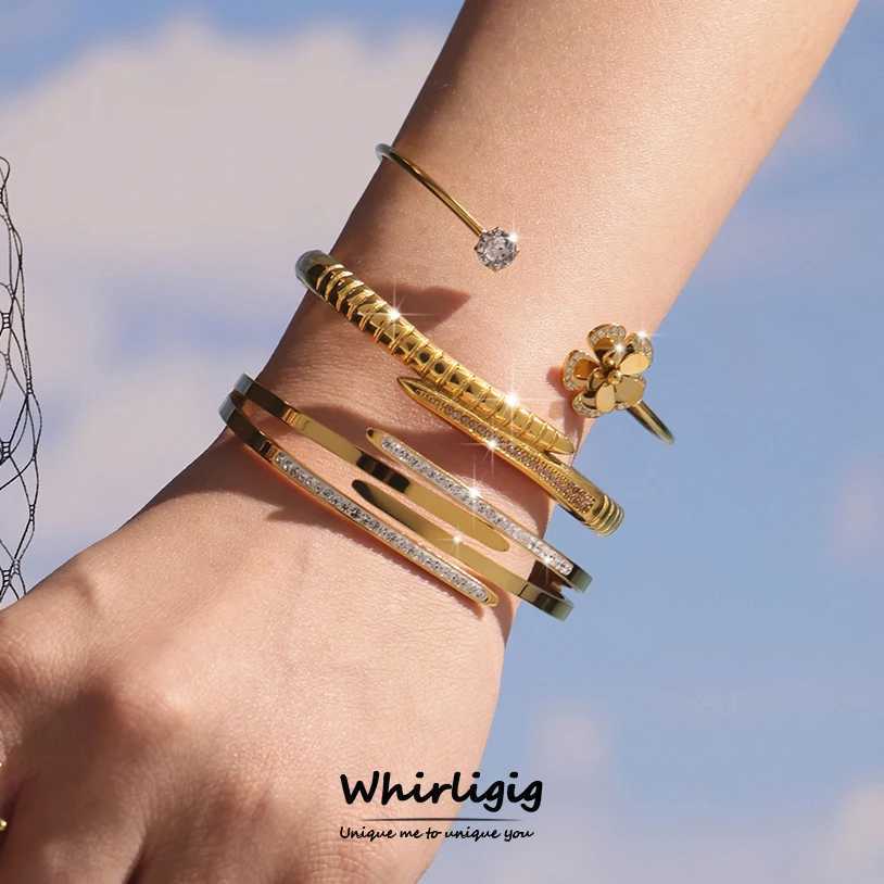 Stylish Geometric Stainless Steel Bangle for Women Zircon Inlaid Waterproof Charm Luxury Jewelry Z250616