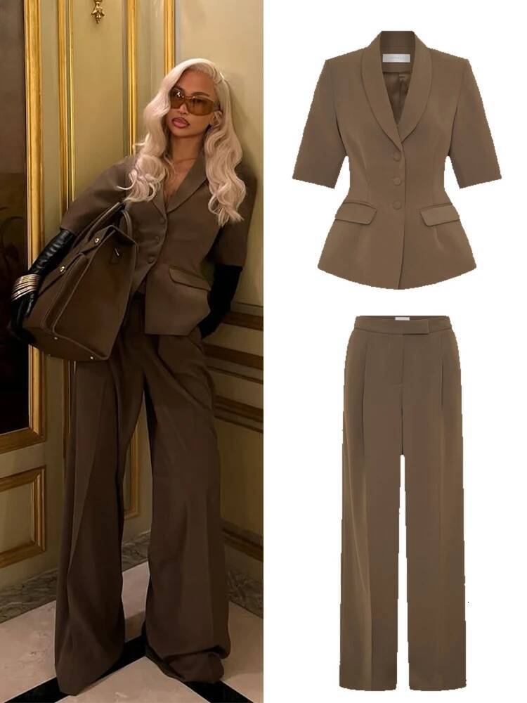 Casual Blazer Pants Suits Women Slim Half Sleeves V Neck Single Breasted Set Female 2025 Spring New Wide Legs Sets 2 Pieces