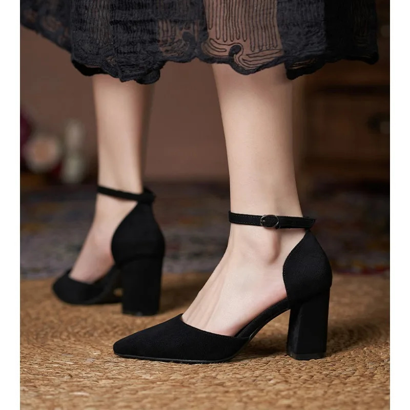 31-44 Women Pumps Fashion Black High Heels Shoes Flock Pointed Sandals Summer Party Thick Heel Shoes Ladies Wedding Shoes 250614