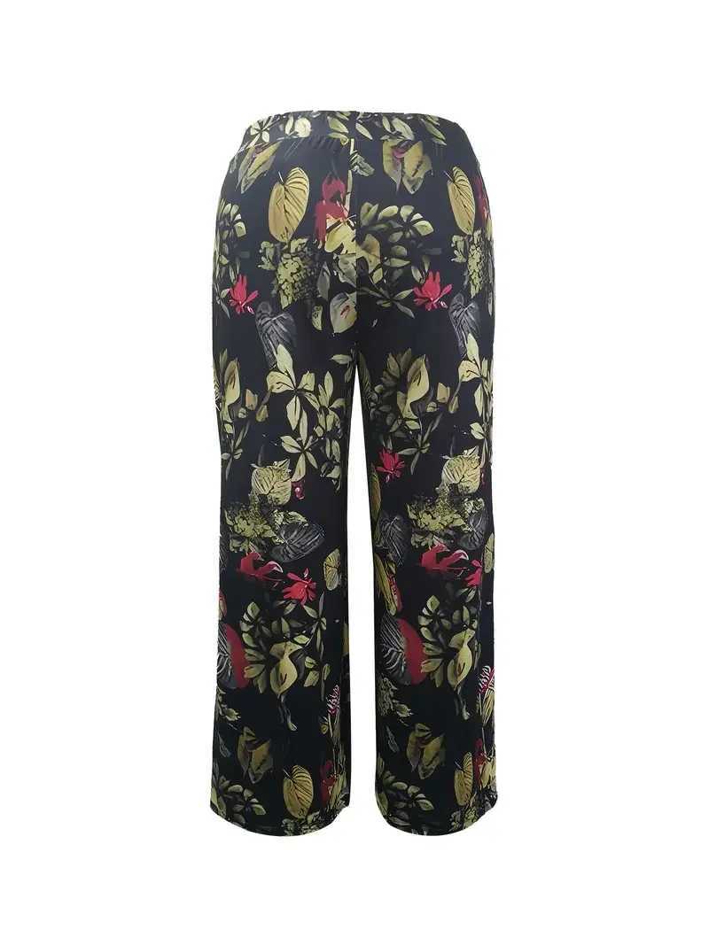 Plus Size 1XL-5XL Women Fashion Ele Floral Print Wide Leg Pants Ladies Casual Loose Fit Long Trousers with PocketsXJ250616