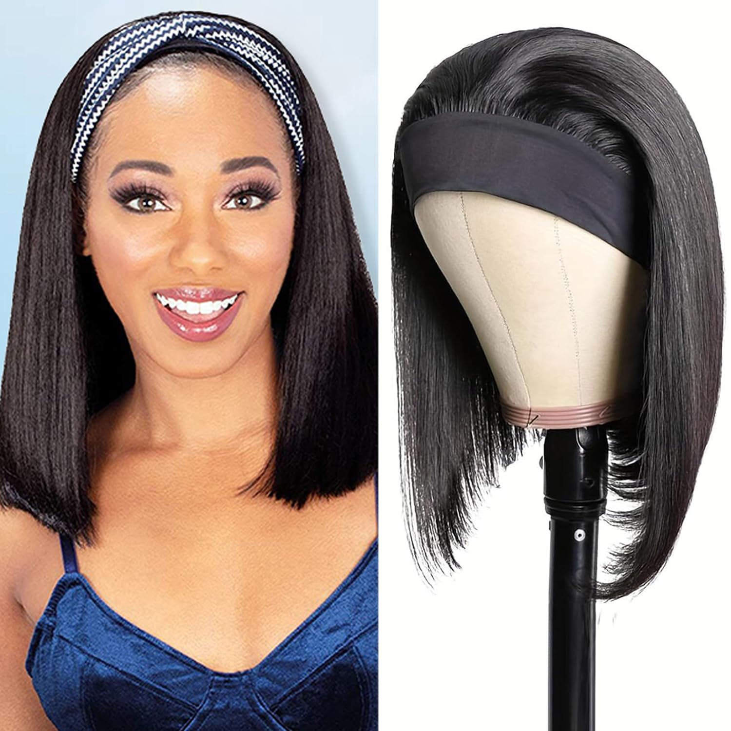Headband wigs human hair 360,14 Inch Glueless Wig Short None Lace Front Short human hair wig for Black Women Natural Black 150% Density