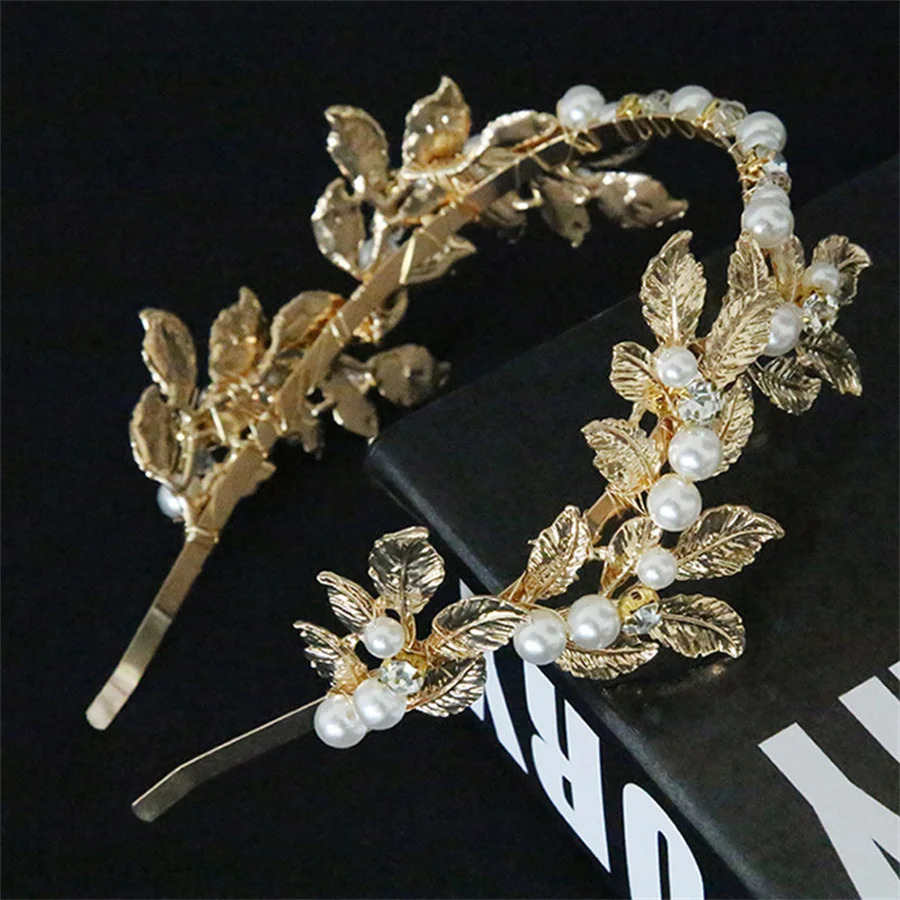 Fashionable crystal pearl alloy leaf headband for women romantic wedding elegant bride wedding pography hair accessories 250610