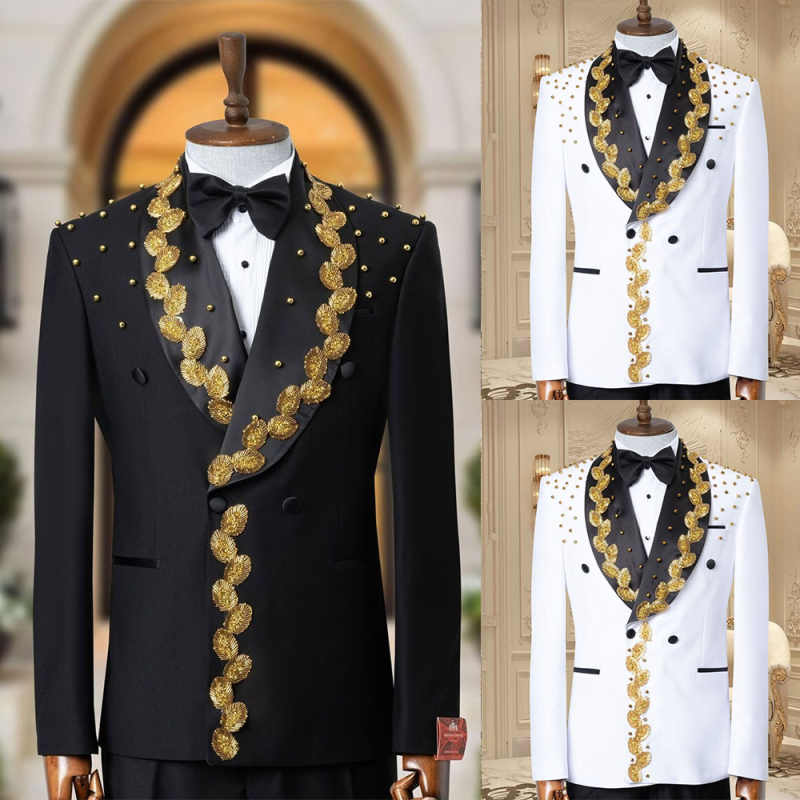 Golden Embroidery Men Suits Customized Double Breasted Groom Wedding Party Tuxedos Slim Fit Male Blazer Costumes Homme 2 Pieces