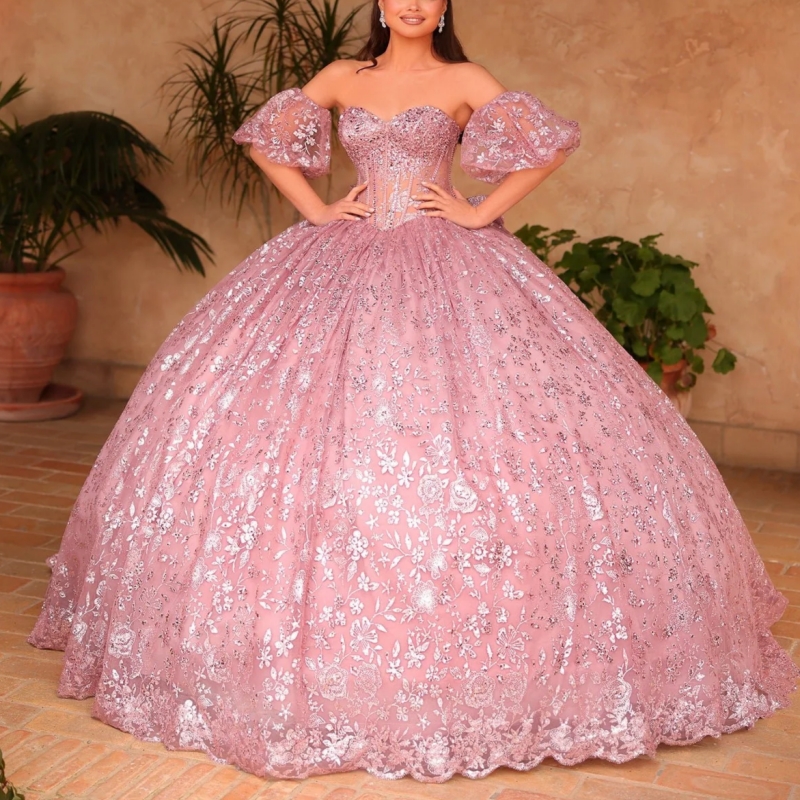 Pink Shiny Quinceanera Dresses Ball Gown Off The Shoulder Sequin Applique Lace Beading Bow Tull Sweet 16 Dress Vestidos 15 De Anos