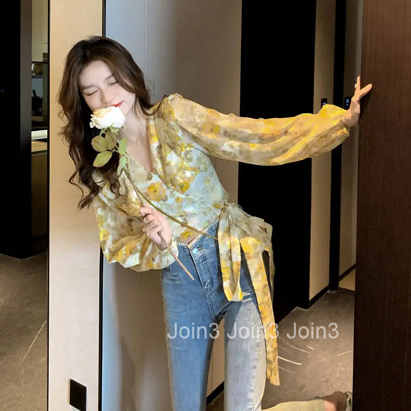 Top For Woman Chiffon Clothing Floral With Bow Womens Shirts And Blouses Long Sleeve Ruffle Frill Offer Stylish M Xxl Y2k