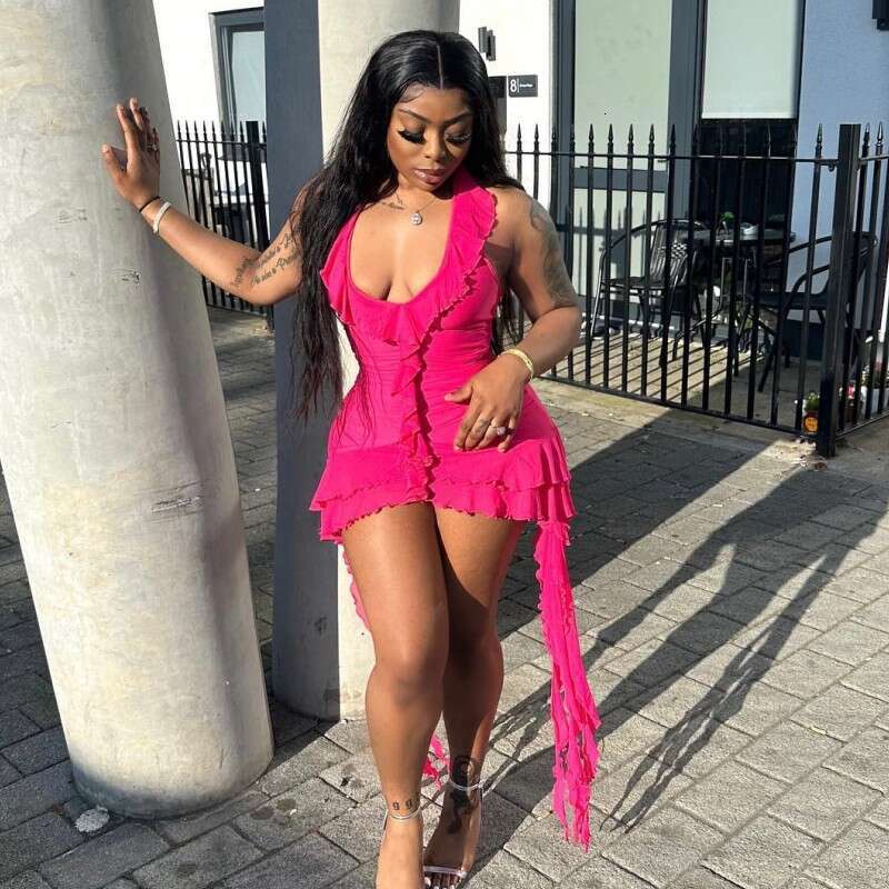 European and American Summer Solid Color Sleeveless Low Neck Ruffle Irregular Bodycon Short Dress 2025 New Casual Versatile Fashion Clothing