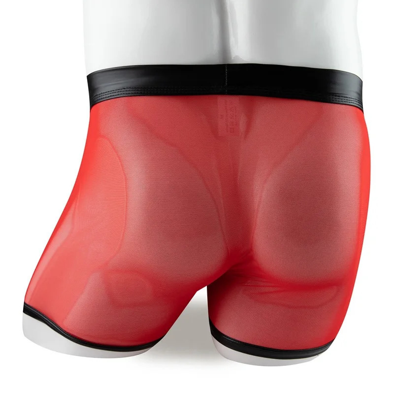 Mens Boxers Shorts Transparent Mesh Underwear Man Panties Faux Leather Detachable Buckle Pouch Underpants Cueca Calzoncillo 250614