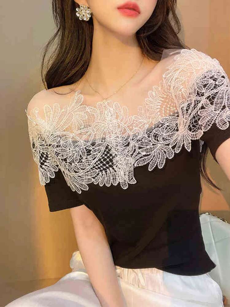 T Shirt for Women Black Lace Off Shoulder Tops Woman Cotton Short Sleeve Japanese Vintage Fashion Korean Popular Clothes Yk2 Emo