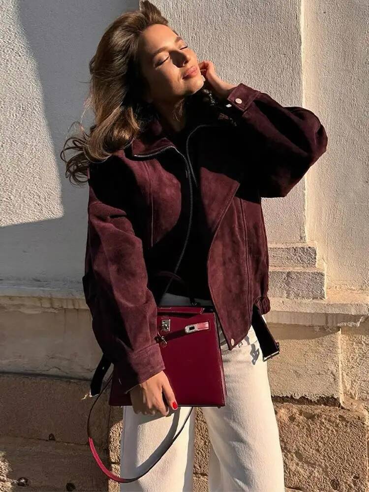 Oversize Suede Lace Up Jacket Women Vintage Turn-Down Collar Long Sleeve Zipper Cropped Coats New Fashion Elegant Lady Outerwear