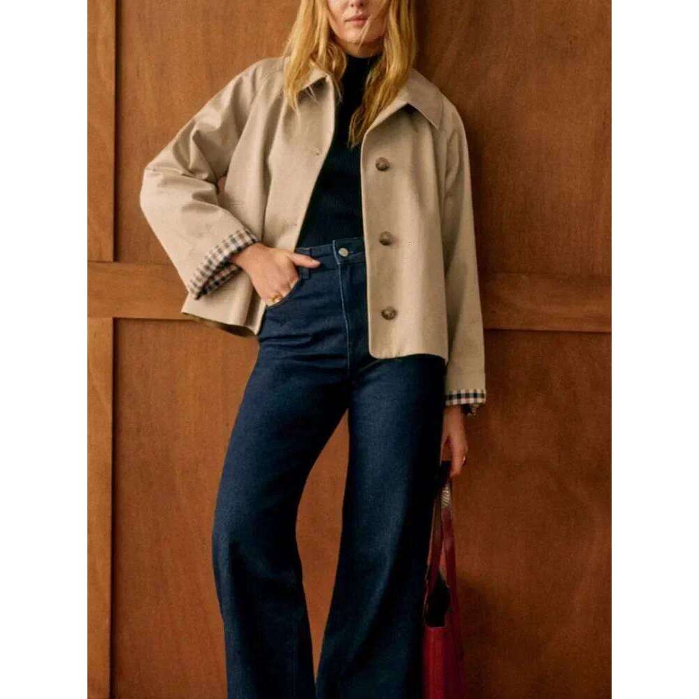 Single Breasted Women Short Trench Coat Interior Plaid Turn-Down Collar Lady Loose Windbreaker 2025 Spring