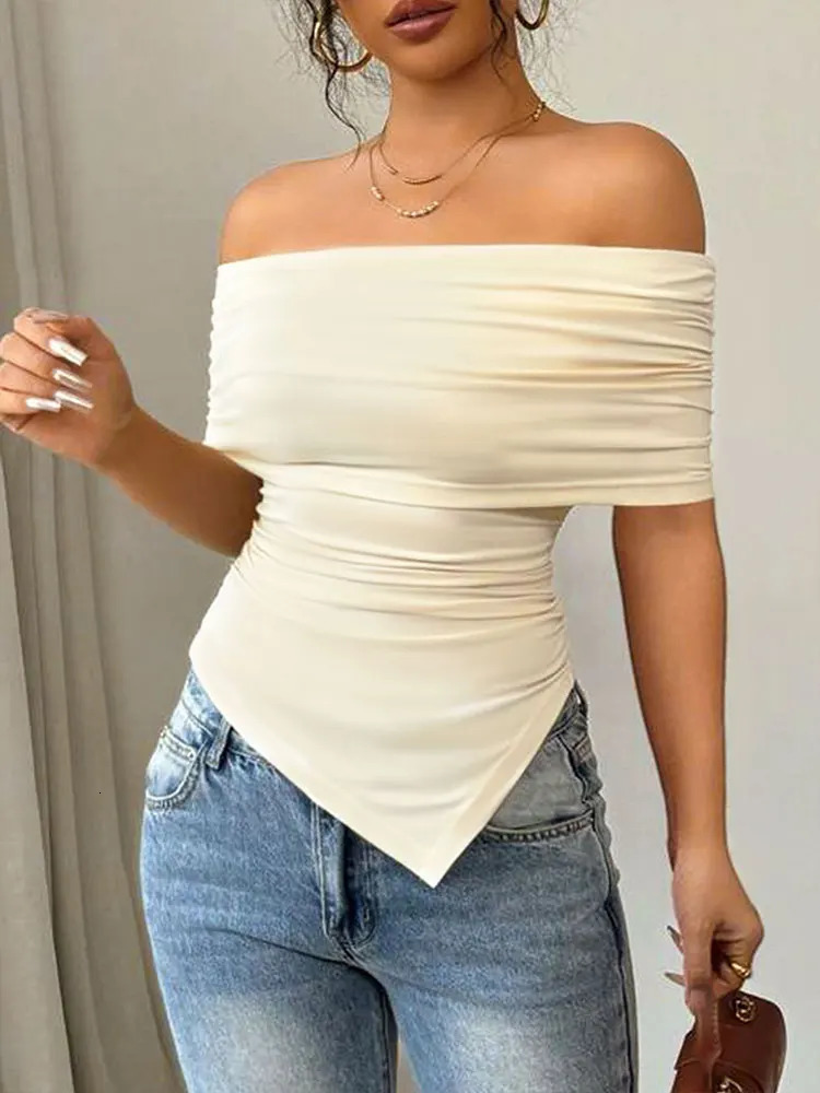 Summer T-shirt Women Fashion Slash Neck Streetwear Casual Slim Versatile Tees Solid Sexy Off Shoulder Elegant Lady Clothing 250614