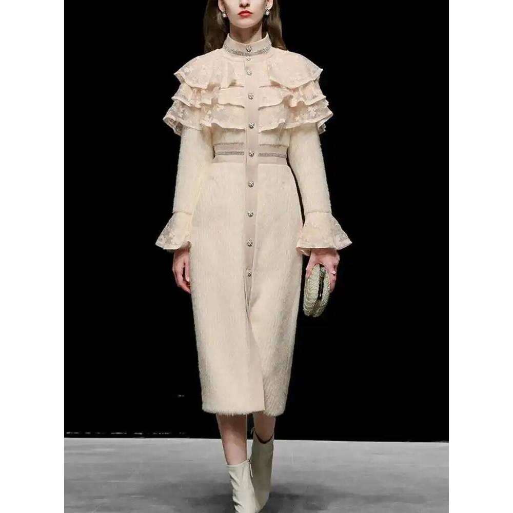 IEQJ Elegant Mink Fur Woolen Long OverCoat Lace Ruffle Slim Flare Sleeve Party Coat 2025 Winter Clothes Women New 3WQ1403