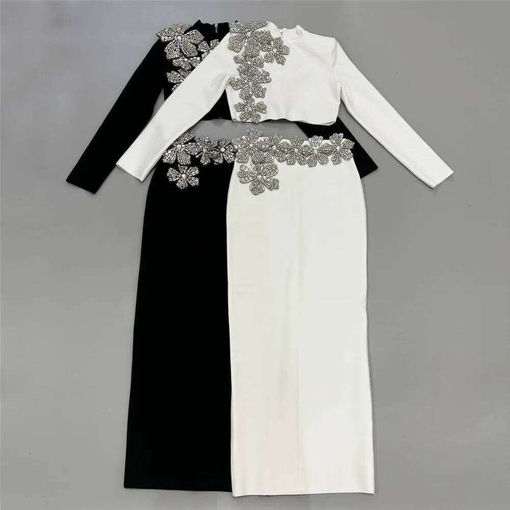 Black Color Women Sleeve Sexy Dia Flowers 2 Pieces Bodycon Long Bandage Dress Celebrate Nightclub Party Outfit Vestido