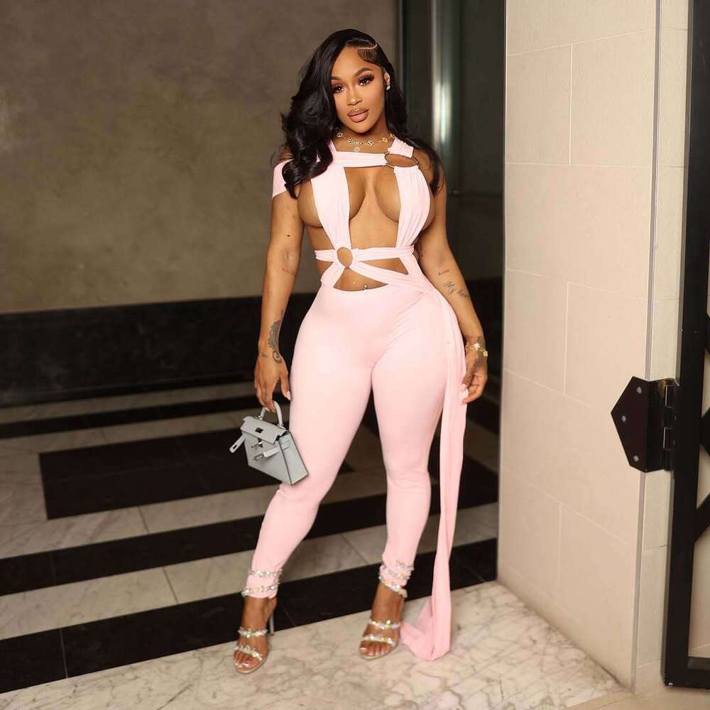 Summer New Women's Sexy Slim Hollow Out Ring Cross Tie Ribbon Bodycon Jumpsuit B5