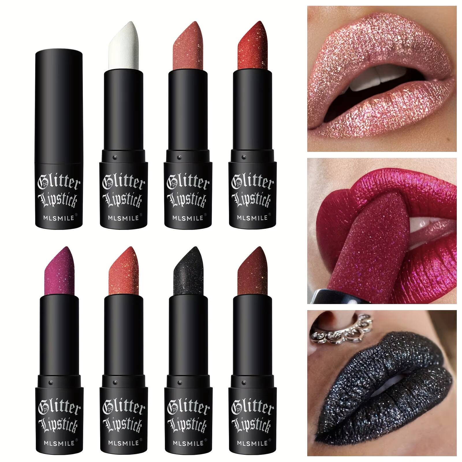 7 Colors Glitter Lipstick Hydrating Sparkling Shine Color Nonstick Highly Pigmented Formula Gives Metallic Finish Lip Makeup happy