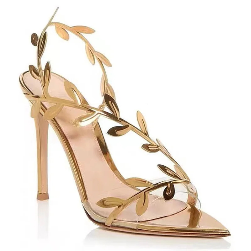 Golden Branch Jade Leaves High Heel Sandals Non-Slip Thin Heel Pointed Toe Gold Celebrity Style Transparent Rhinestone Chain 250610