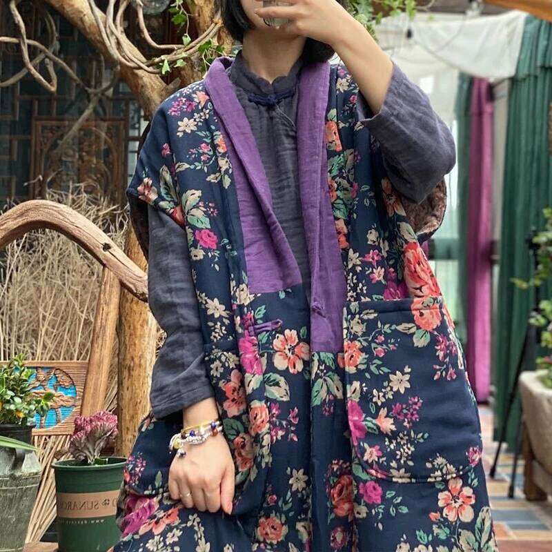 Johnature Women Cotton Print Floral Long 2024 Winter Vintage Coats Chinese Style Sleeveless V-Neck Patchwork Pocket Vests