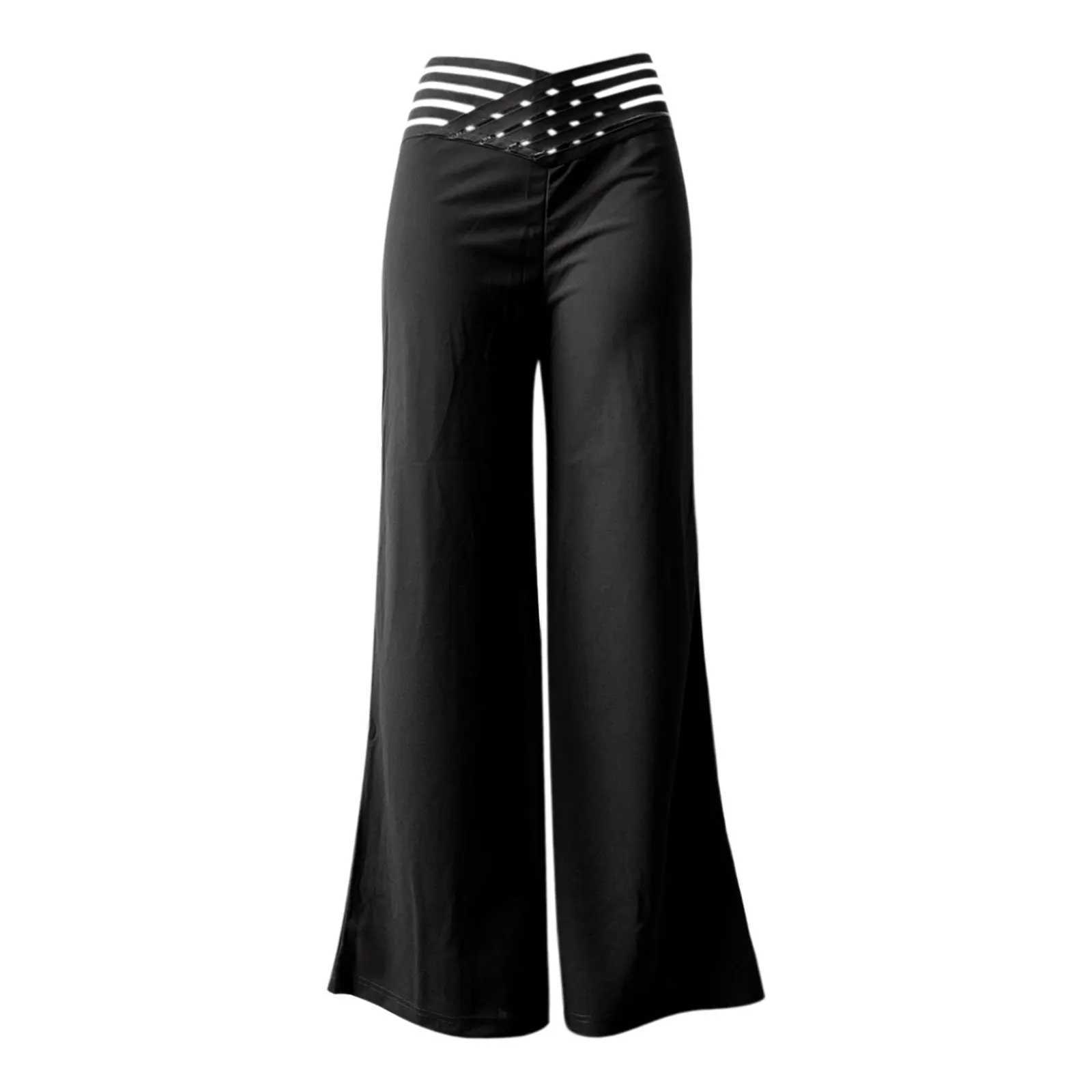 Women Flared Pants Ele Office Lady Casual High Waist Trousers Spring Summer Solid Crisscross Sheer Mesh Patch Wide Leg PantXJ250616